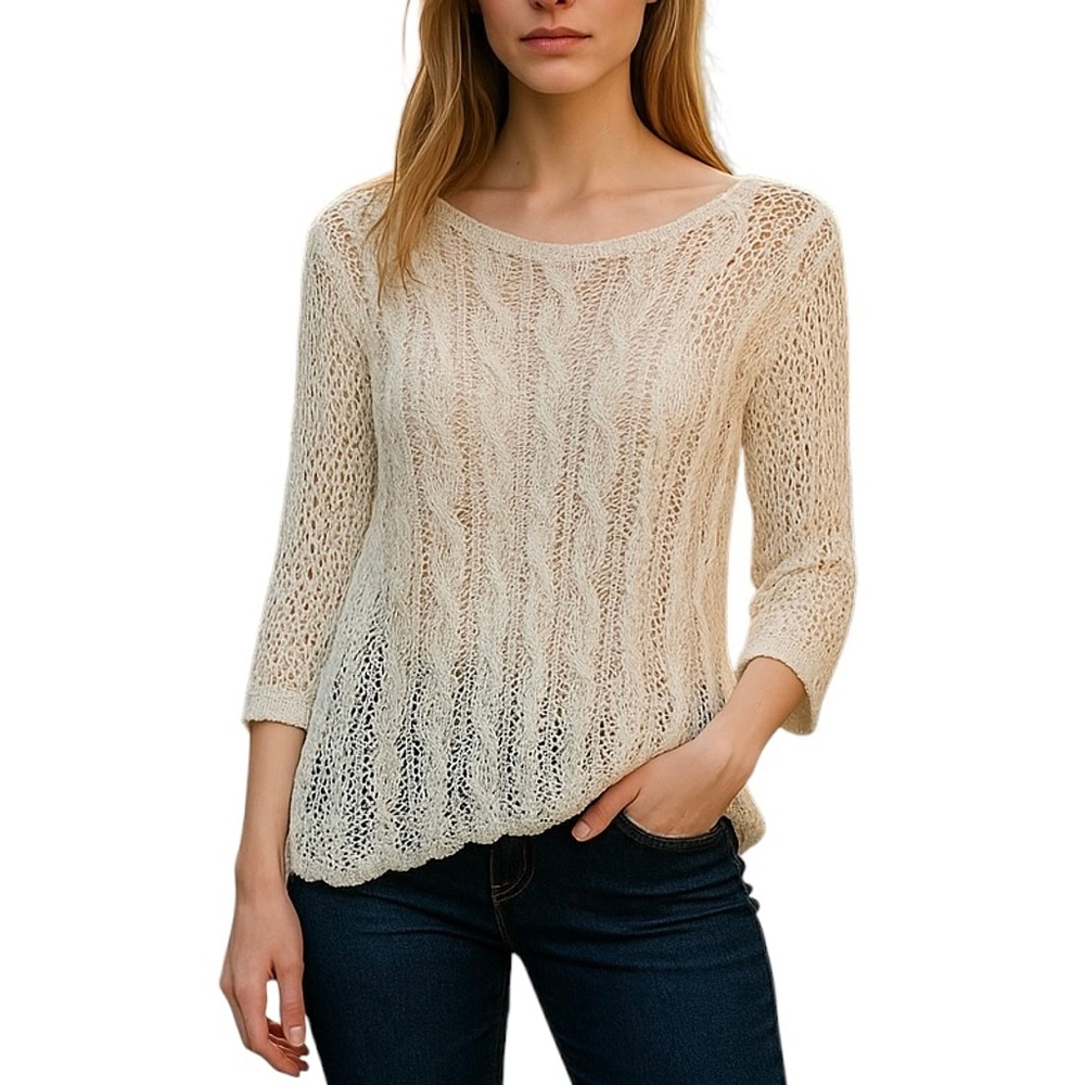 eLLoquent Ivory Gold Fleck Open Knit Hi-Low Sweater Pullover Size MEDIUM